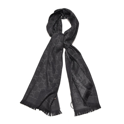 Gucci Wool Jacquard GG Monogram Sten Fringe Scarf Anthracite Black 1 of 5