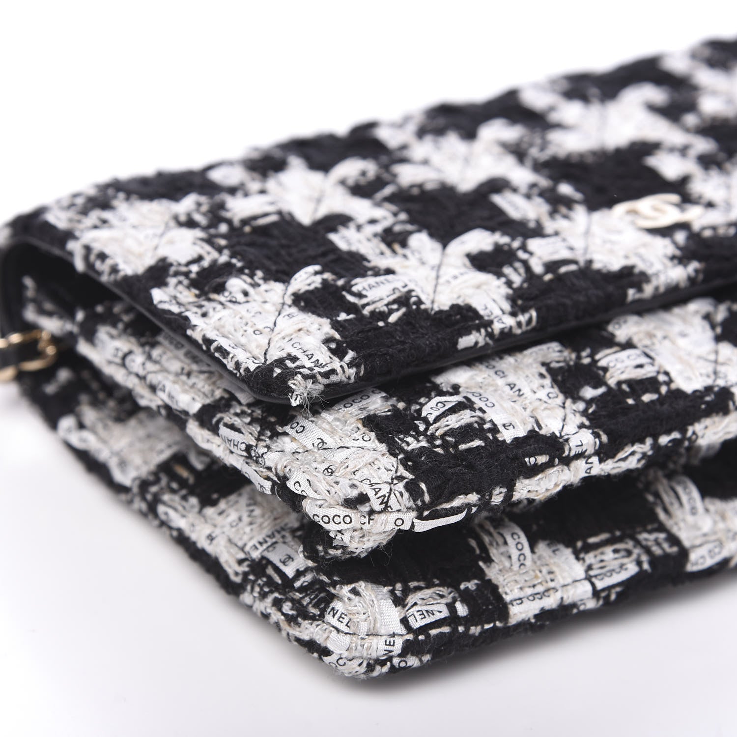 Chanel Tweed Quilted Wallet On Chain WOC Black Ecru White 8 of 10
