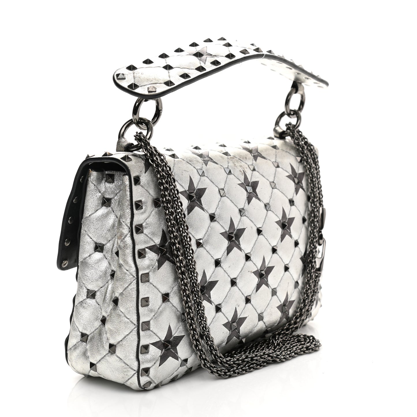 Metallic Lambskin Medium Star Rockstud Spike Shoulder Bag Silver