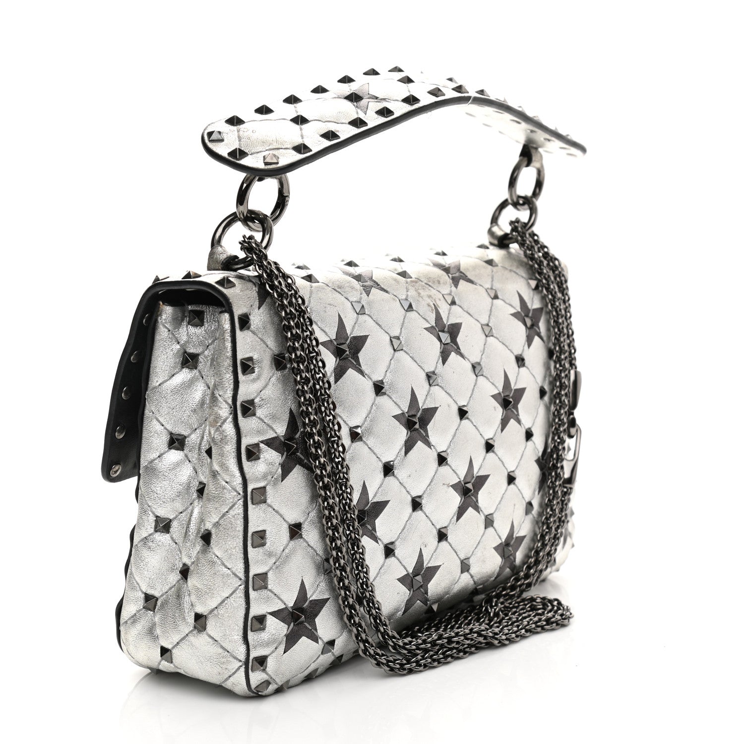 Valentino Garavani Metallic Lambskin Medium Star Rockstud Spike Shoulder Bag Silver 2 of 17
