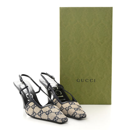 Gucci GG Monogram Malaga Kid Crystal Square G 35mm Slingback Pumps 37.5 Beige Blue 12 of 12