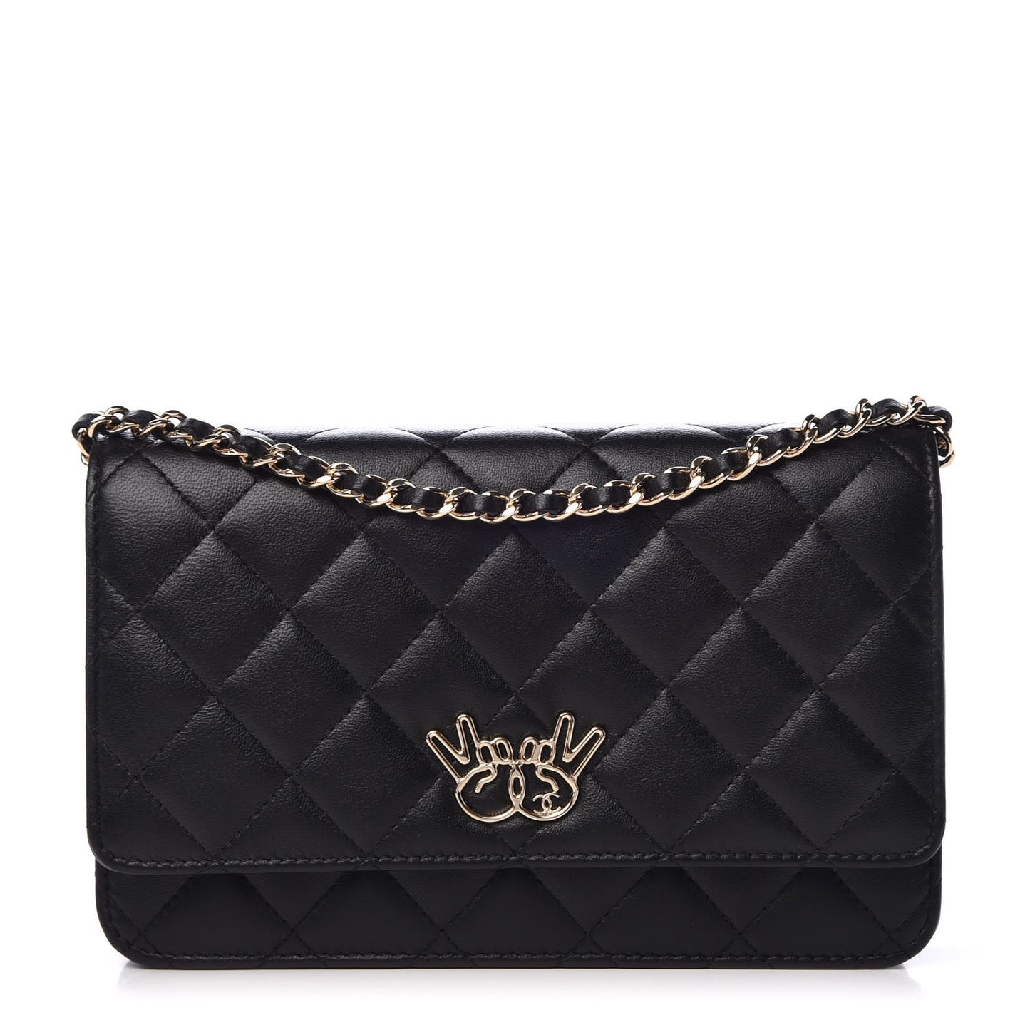 Lambskin Quilted Emoticon Wallet On Chain WOC Black