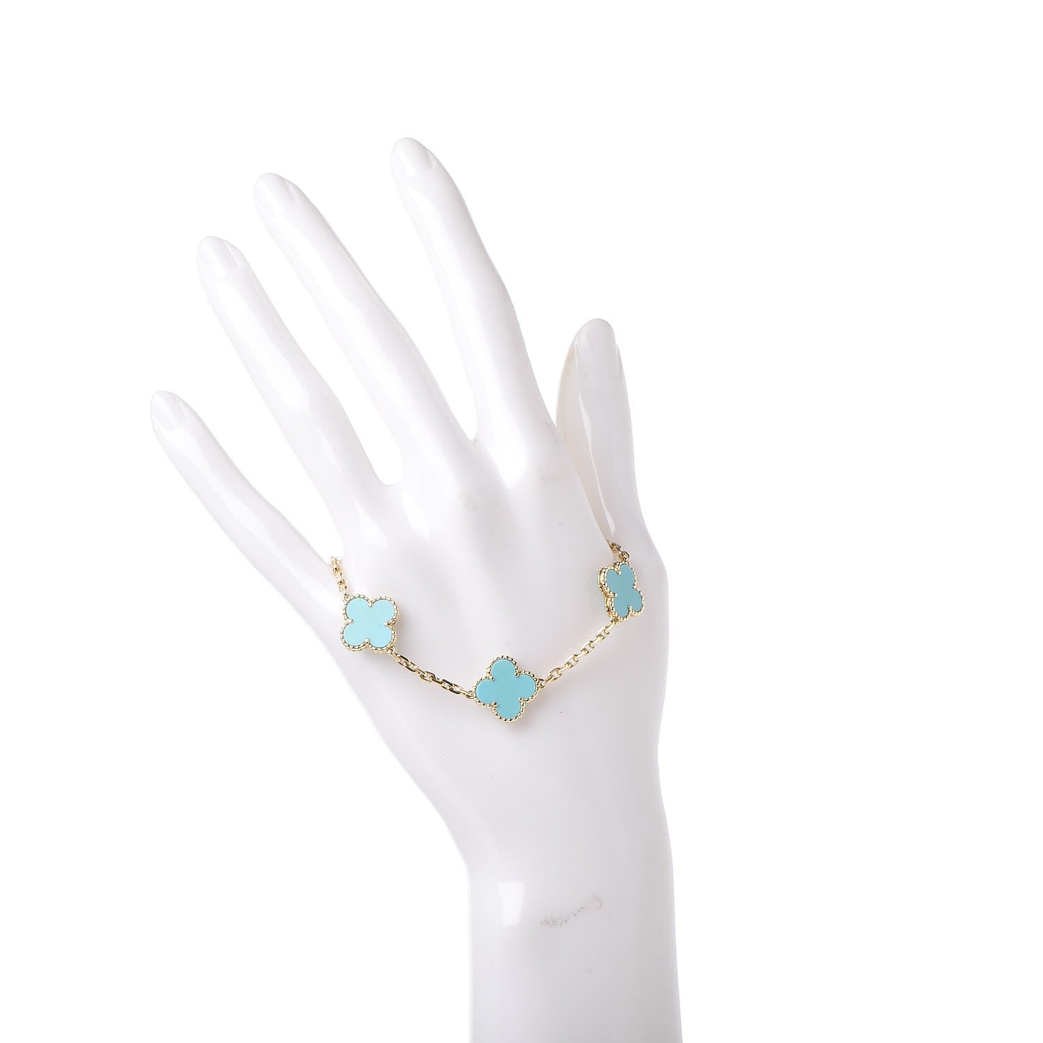 Van Cleef & Arpels 18K Yellow Gold Turquoise 5 Motifs Vintage Alhambra Bracelet 2 of 6