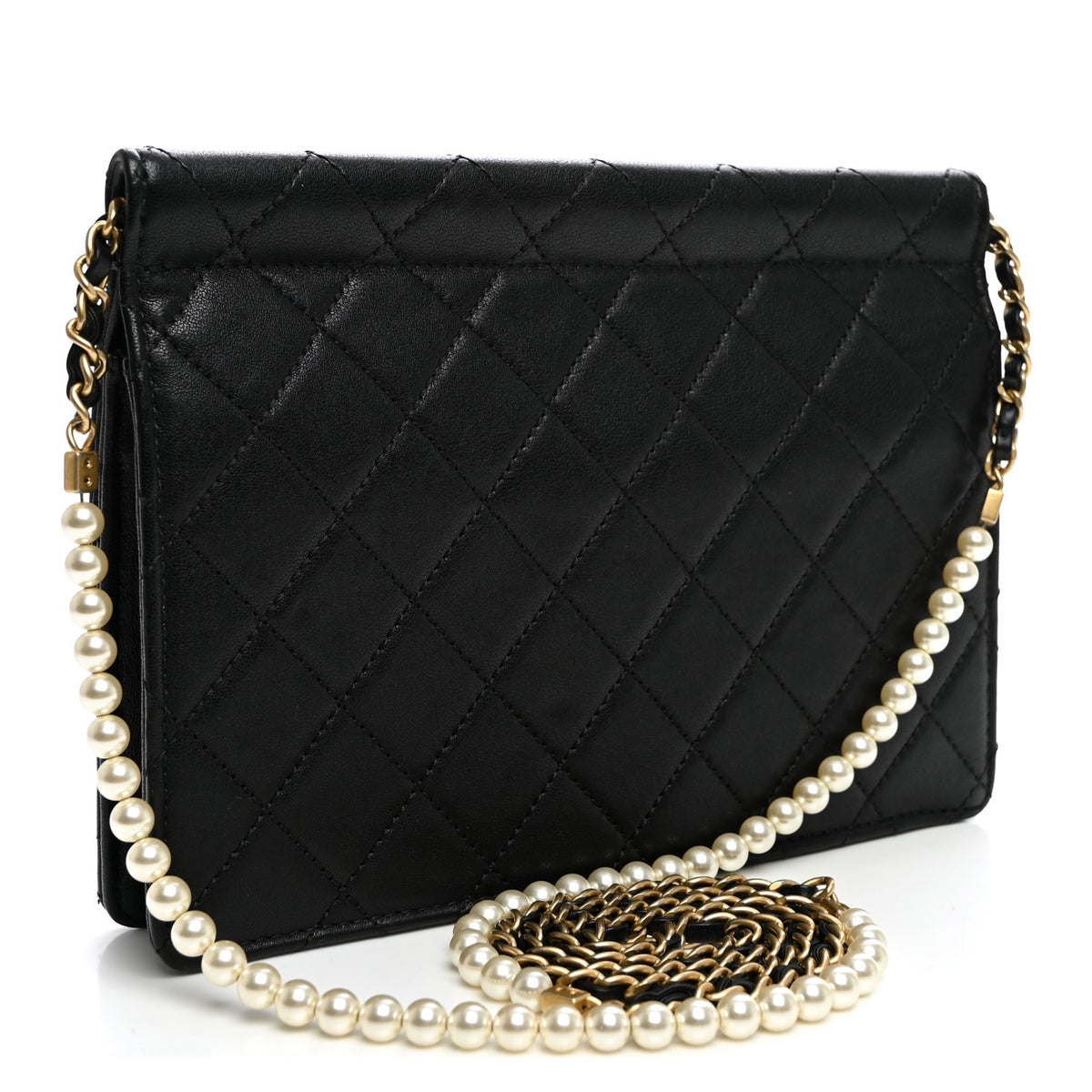 Lambskin Quilted Large Pearl Chain Flap Bag Black