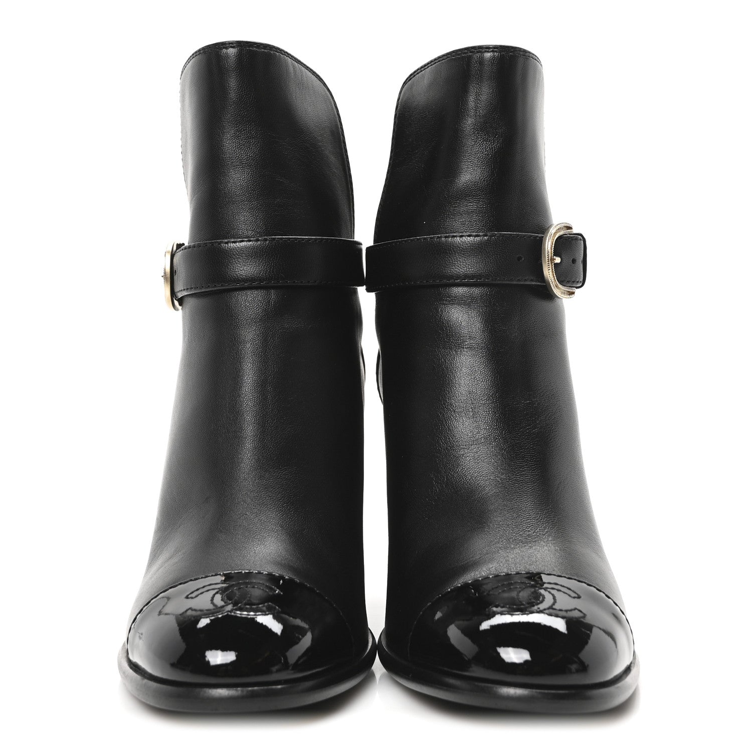 Chanel Calfskin Patent Cap Toe Interlocking CC Ankle Boots 37 Black 3 of 9