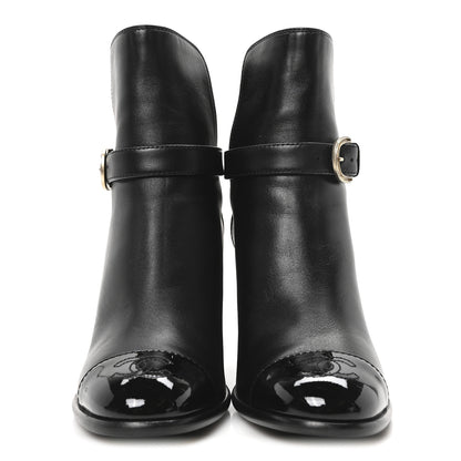Chanel Calfskin Patent Cap Toe Interlocking CC Ankle Boots 37 Black 3 of 9