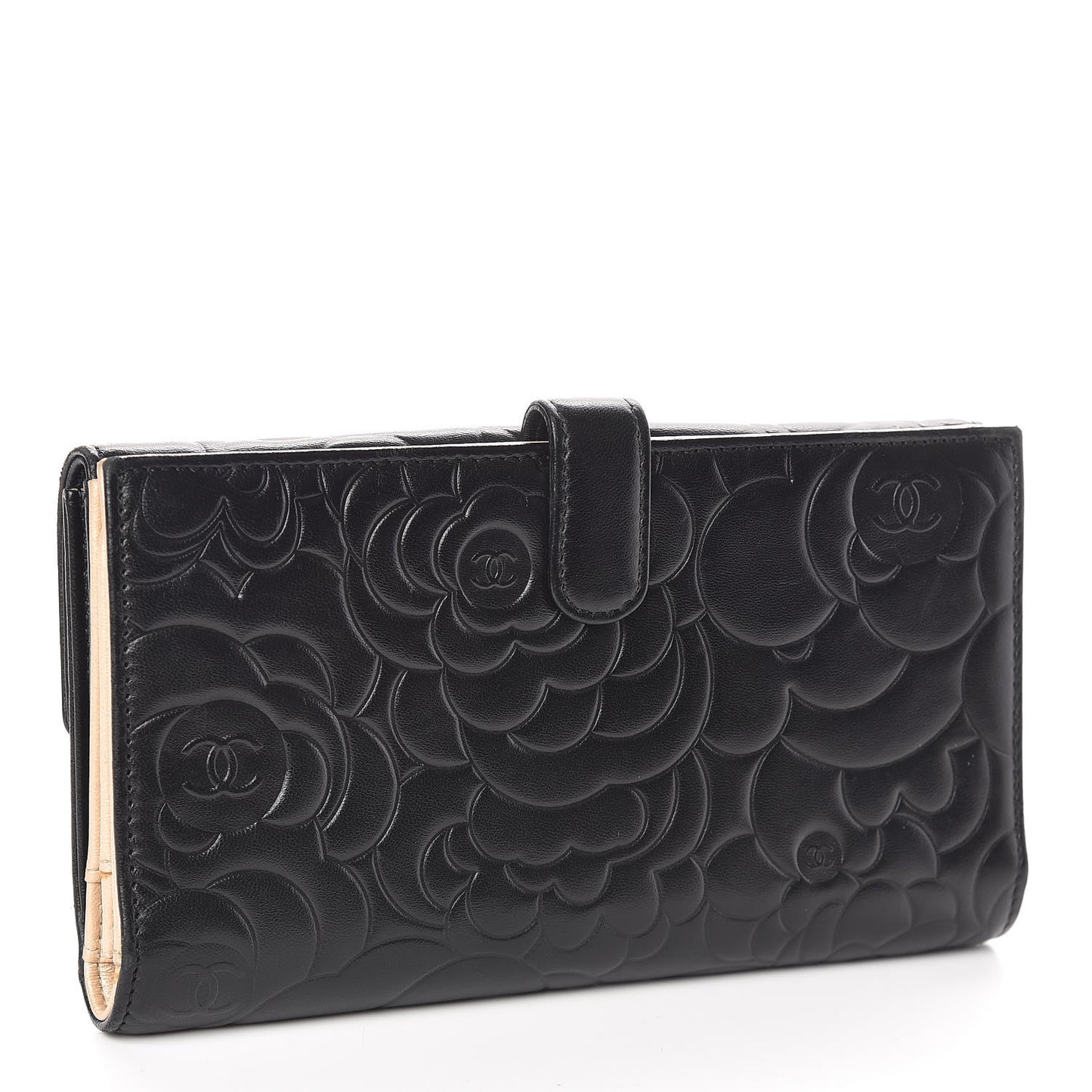 Lambskin Camellia Embossed Long Double Wallet Black