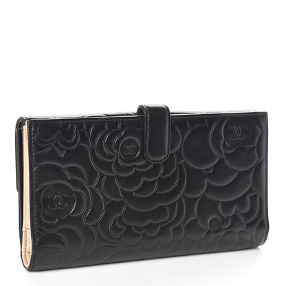 Chanel Lambskin Camellia Embossed Long Double Wallet Black 3 of 13