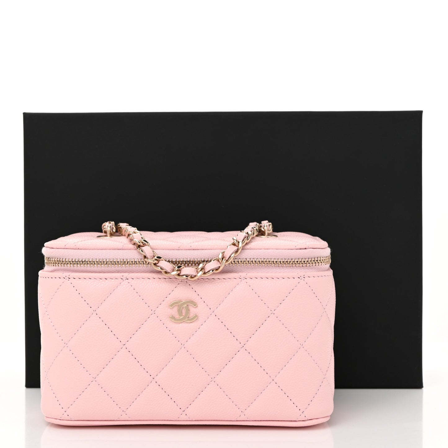 Caviar Quilted Small Vanity Case With Chain Light Pink