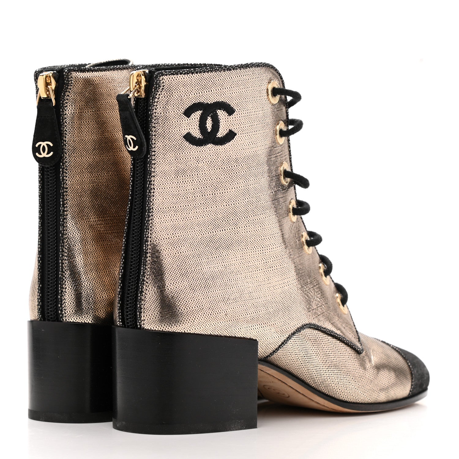 Chanel Laminated Calfskin CC Lace Up Short Boots 35 Gold Black 4 of 8