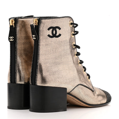 Chanel Laminated Calfskin CC Lace Up Short Boots 35 Gold Black 4 of 8