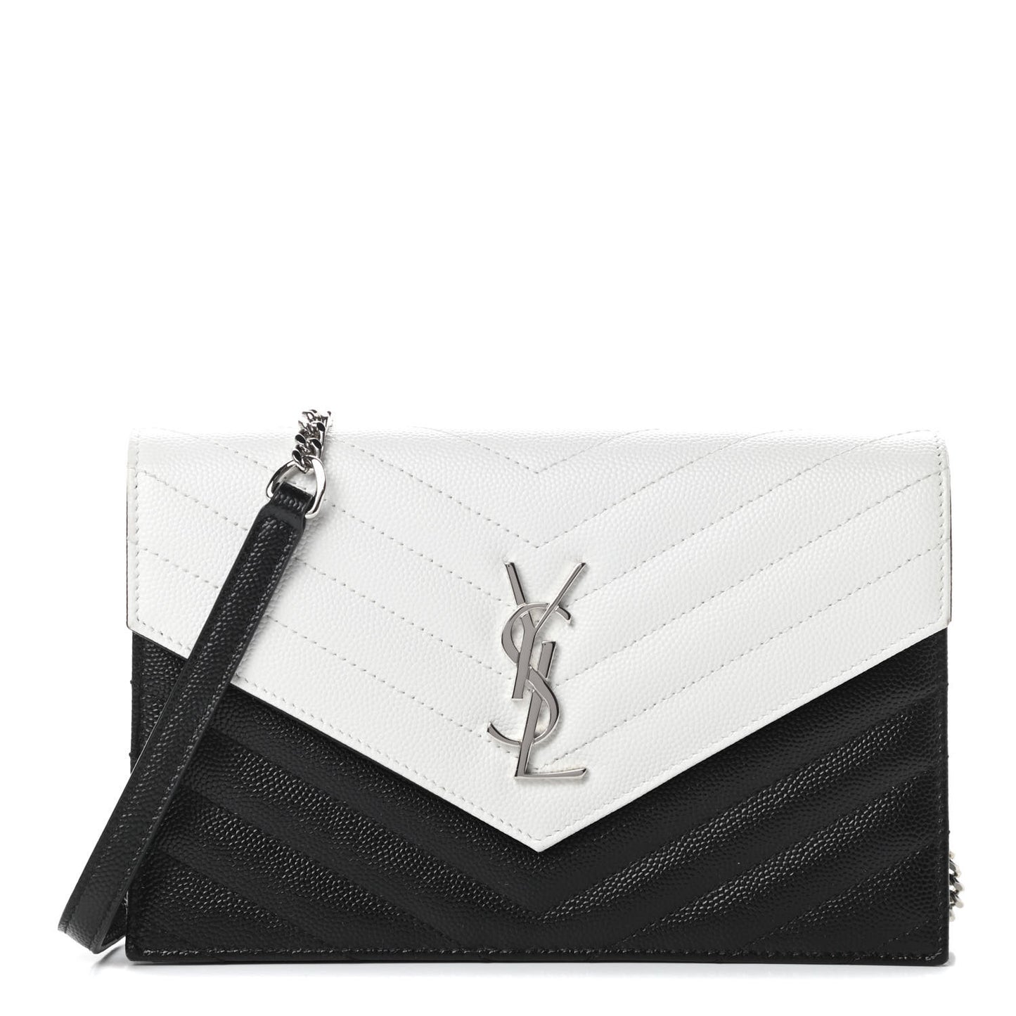 Grain De Poudre Matelasse Chevron Monogram Envelope Chain Wallet Pearl White Black