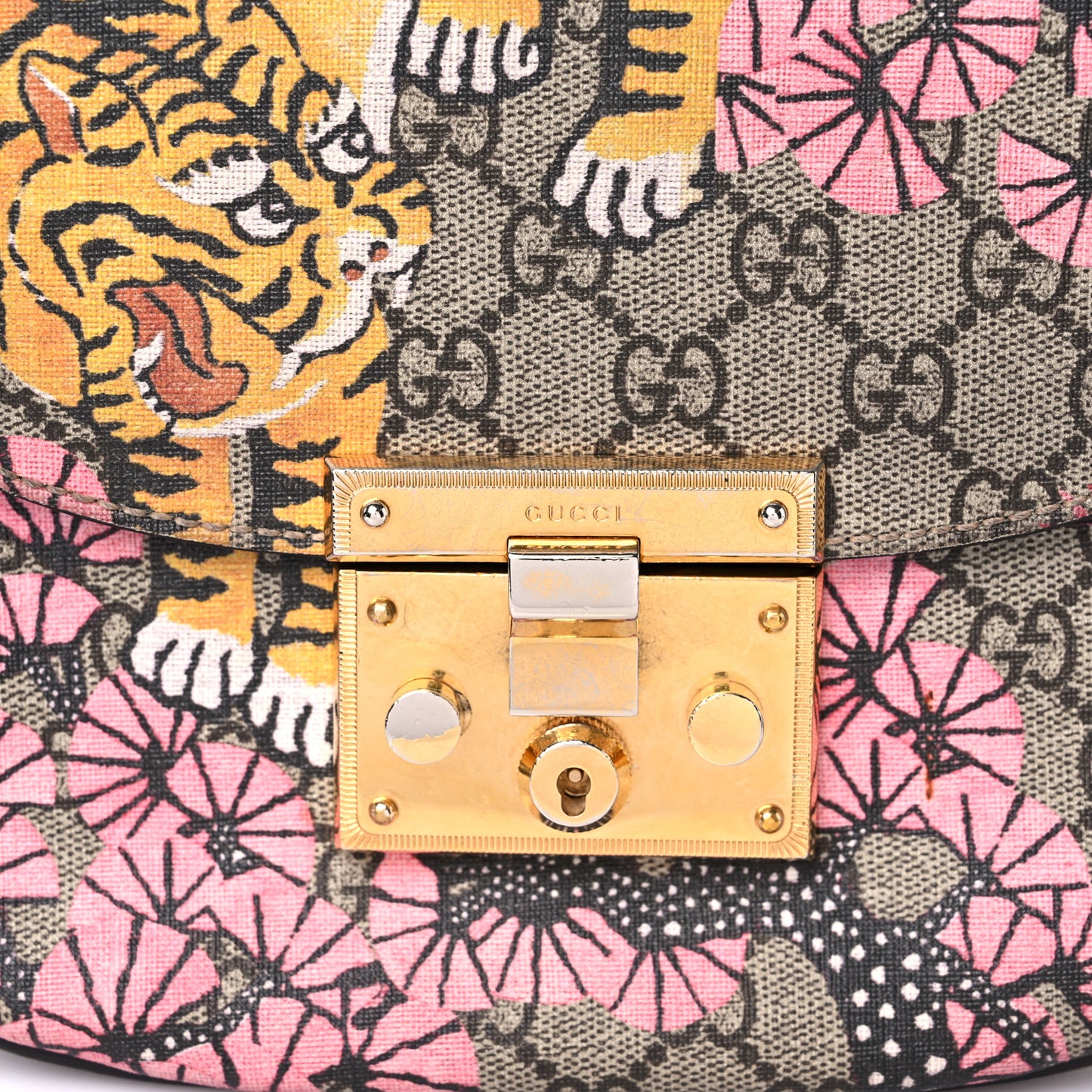 GG Supreme Monogram Bengal Web Medium Padlock Messenger Shoulder Bag Beige Pink