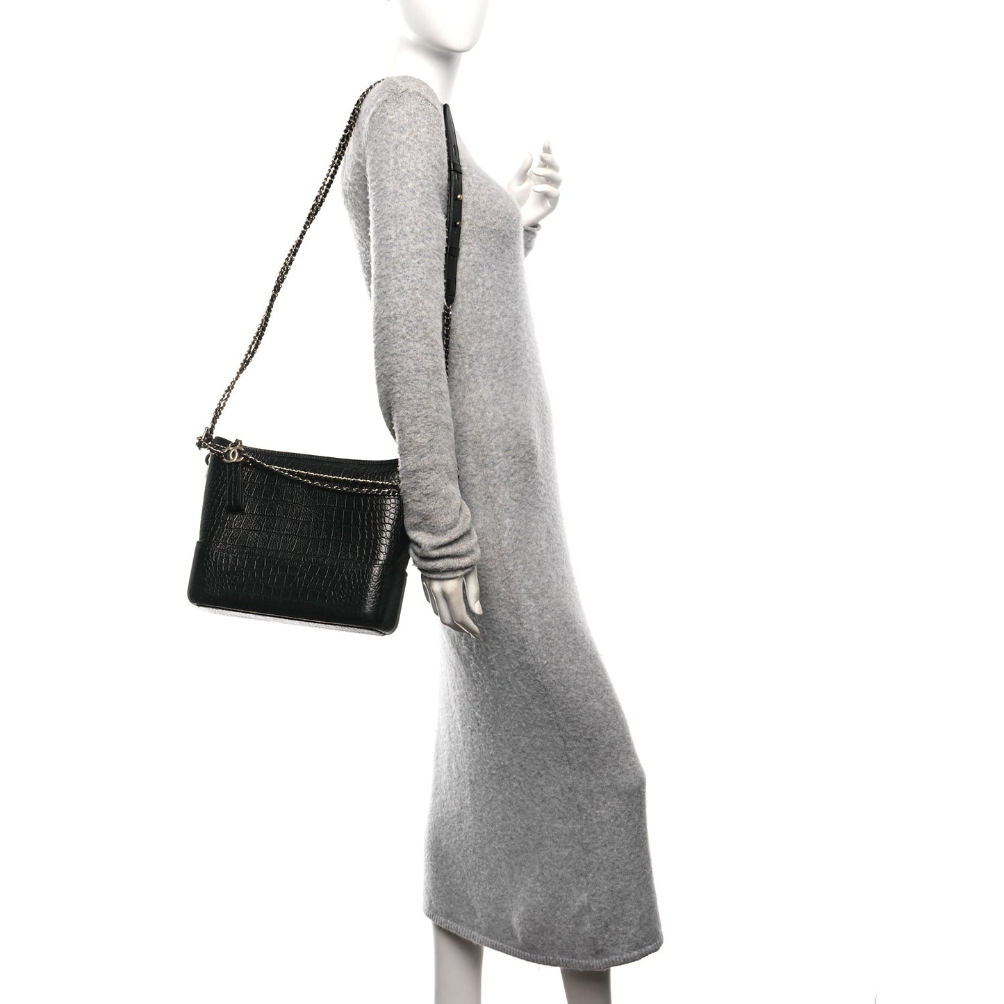 Crocodile Embossed Calfskin Medium Gabrielle Cocodile Hobo Black