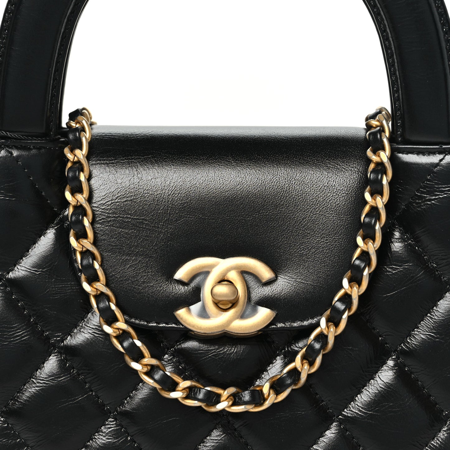 Shiny Aged Calfskin Quilted Nano Kelly Shopper Black