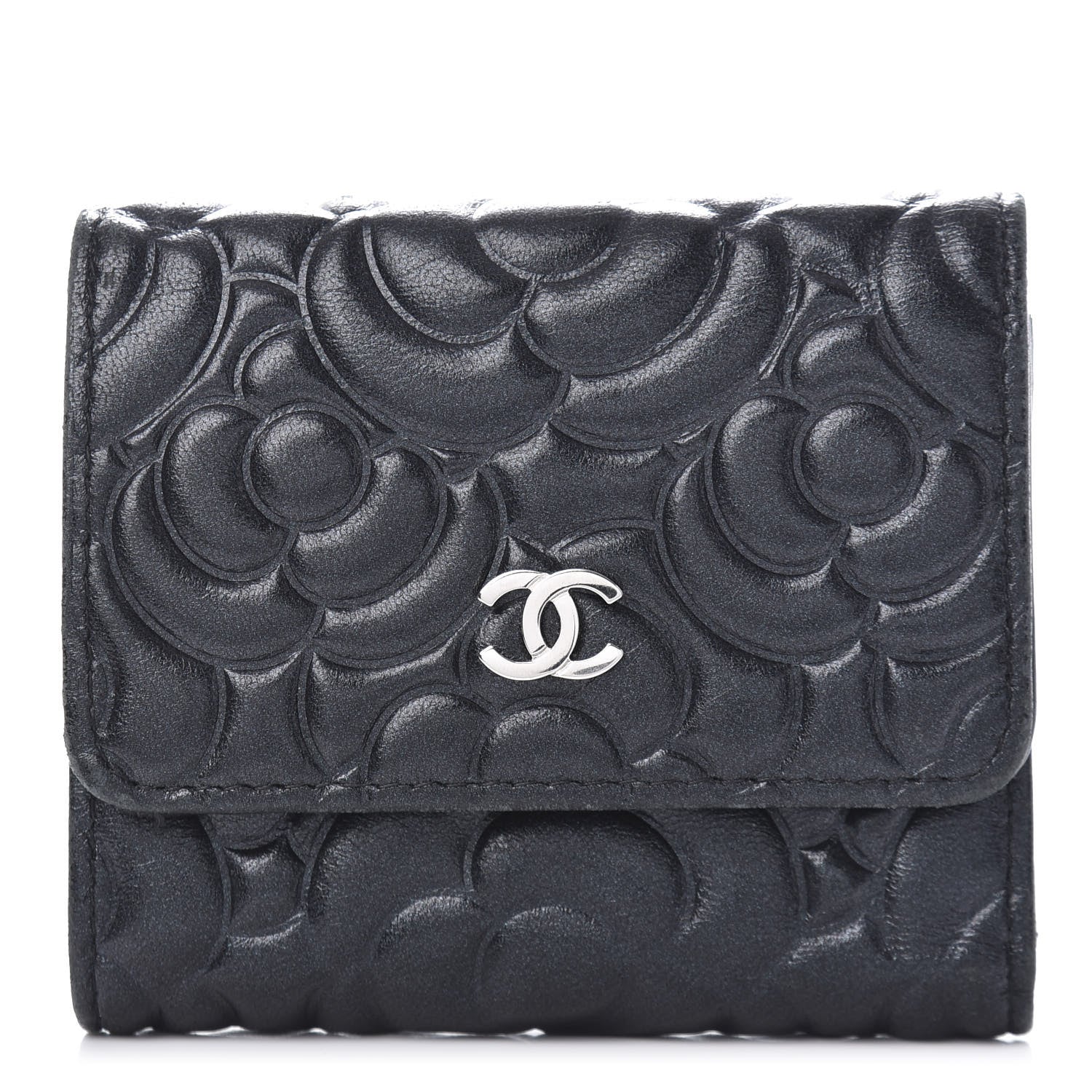 Chanel Goatskin Camellia Embossed Compact Wallet Black 1 of 10