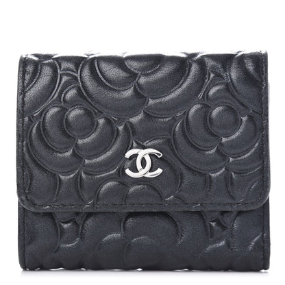 Chanel Goatskin Camellia Embossed Compact Wallet Black 1 of 10