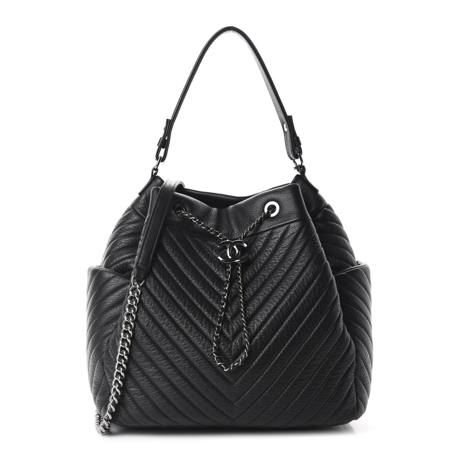 Chanel Deerskin Chevron Large CC Chain Bucket Drawstring Bag Black 1 of 10