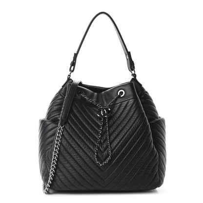 Chanel Deerskin Chevron Large CC Chain Bucket Drawstring Bag Black 1 of 10