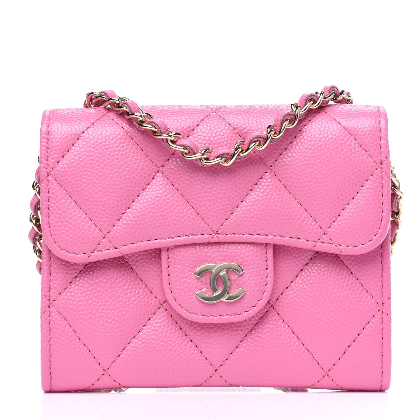 Caviar Quilted Flap Card Holder On Chain Pink
