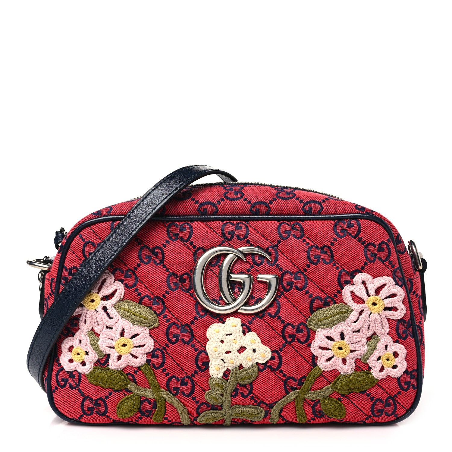 Gucci Monogram Multicolor Matelasse Diagonal Floral Embroidered Small GG Marmont Chain Shoulder Bag Red Blue Multicolor 1 of 11