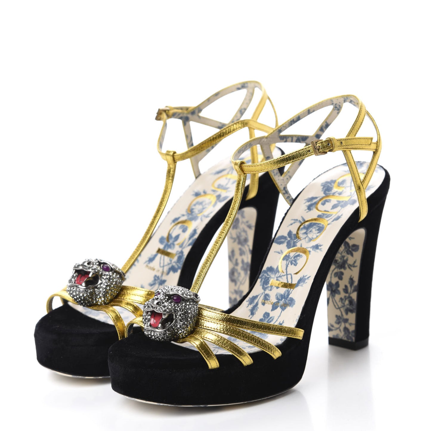 Velvet Nappa Elias T-Strap Platform High Heel Sandals 36.5 Black Gold