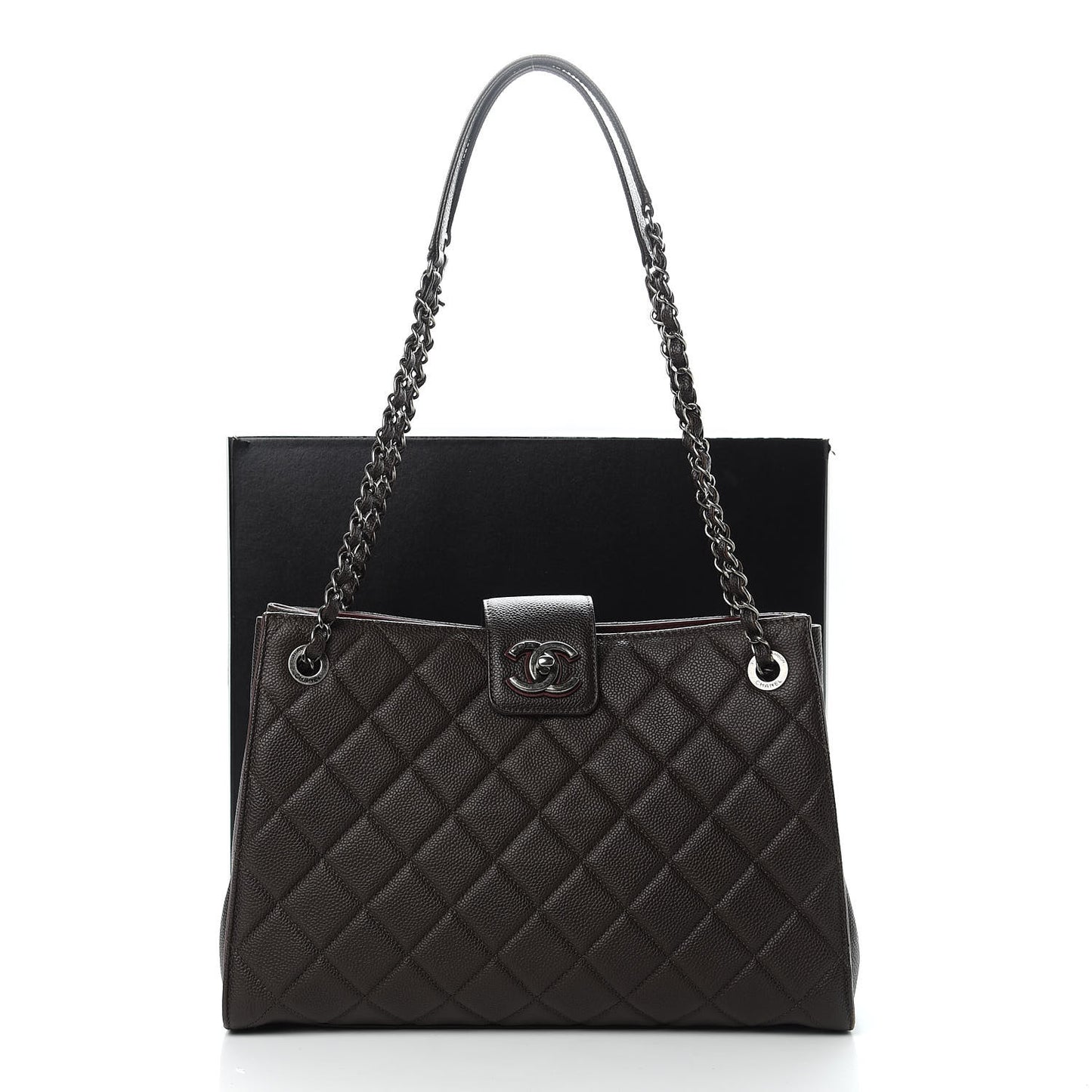 Caviar Quilted Large CC Accordion Shopping Bag Brown