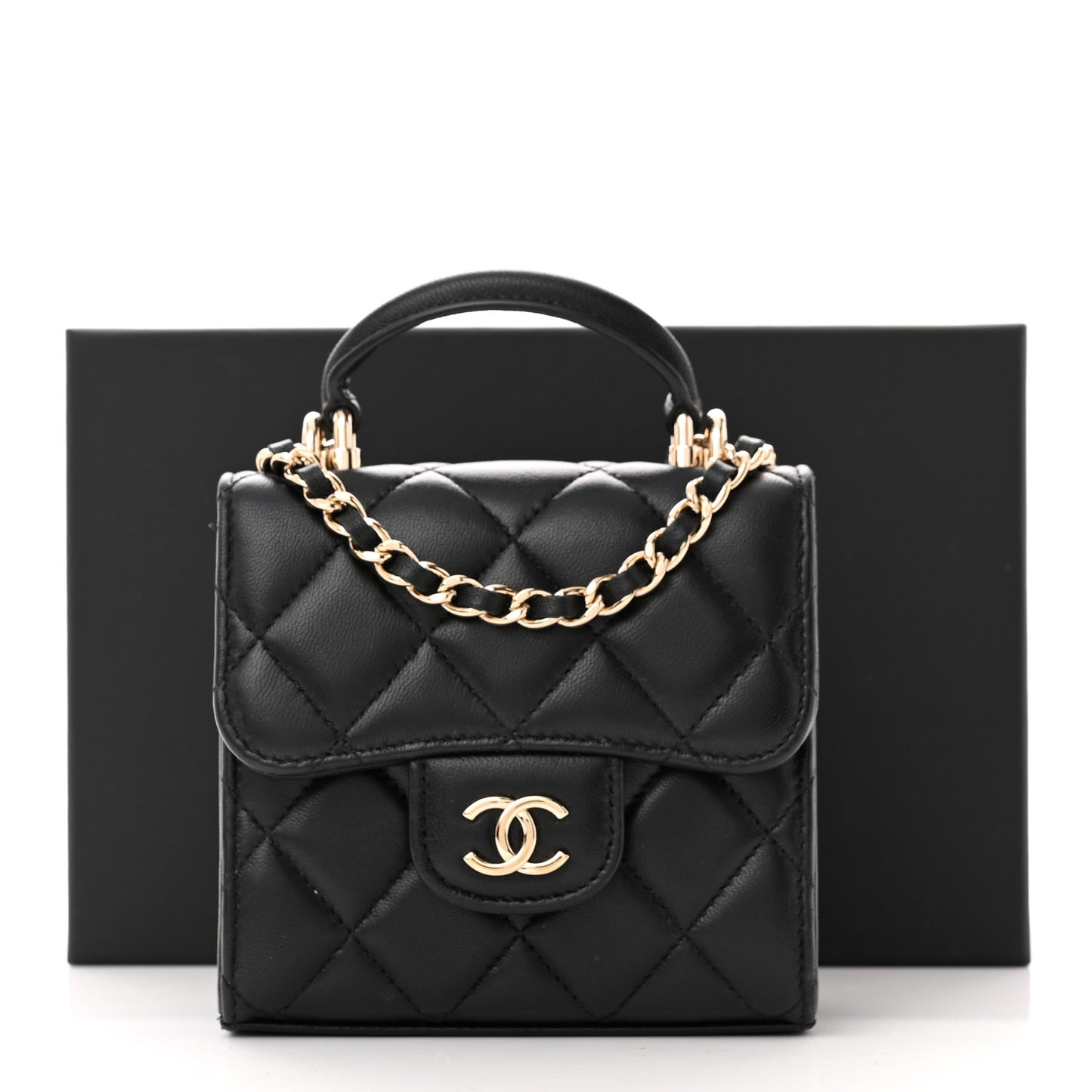 Lambskin Quilted Top Handle Flap Clutch With Chain Black