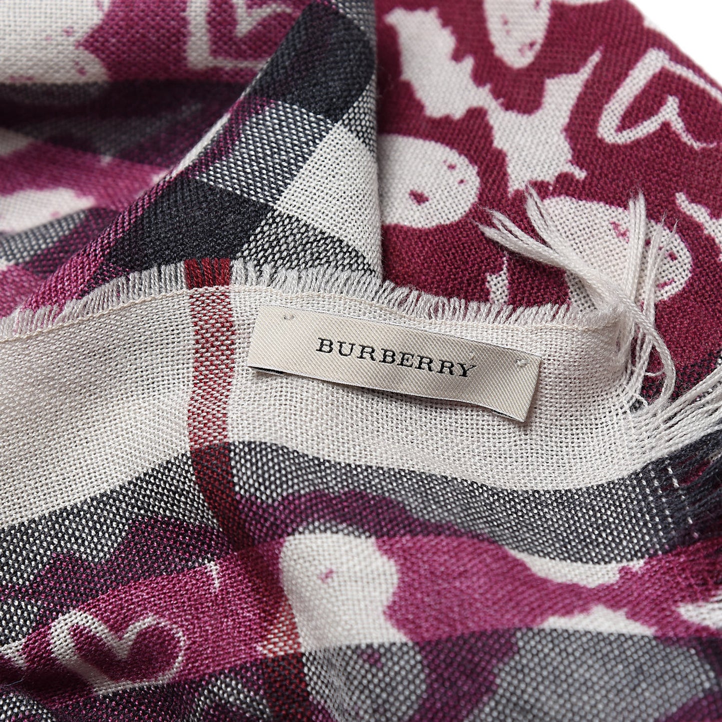 Wool Cashmere Painted Heart Print Nova Check Lightweight Scarf
