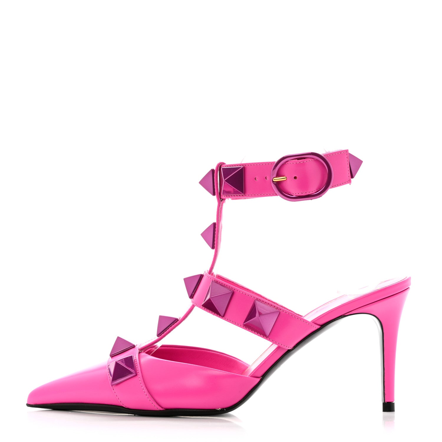 Valentino Garavani Calfskin Lacquer Monochrome Roman Stud Ankle Strap 80mm Pumps 37 Pink PP 1 of 8