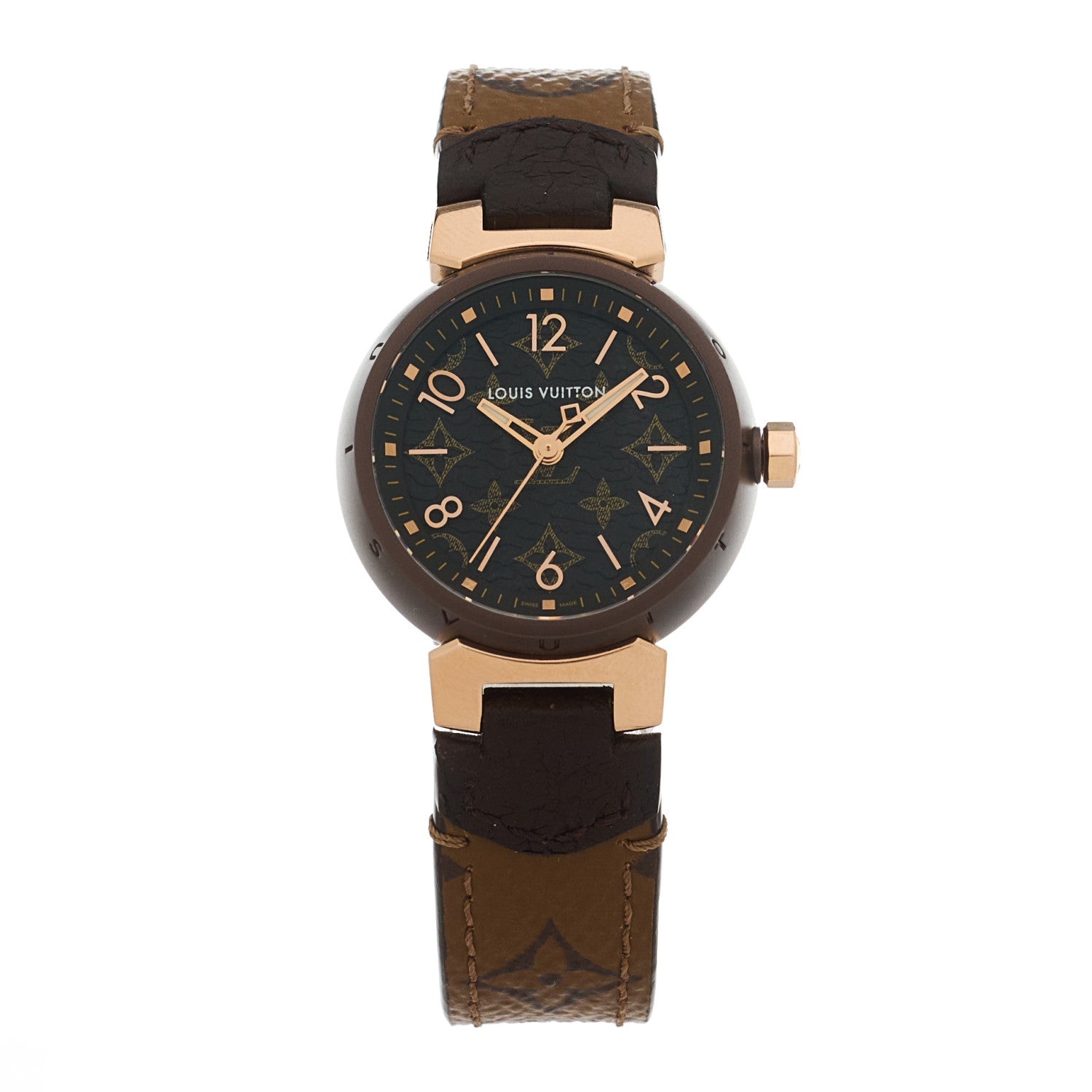 Louis Vuitton Stainless Steel 18K Rose Gold Monogram 28mm Tambour Quartz Watch Brown 1 of 5