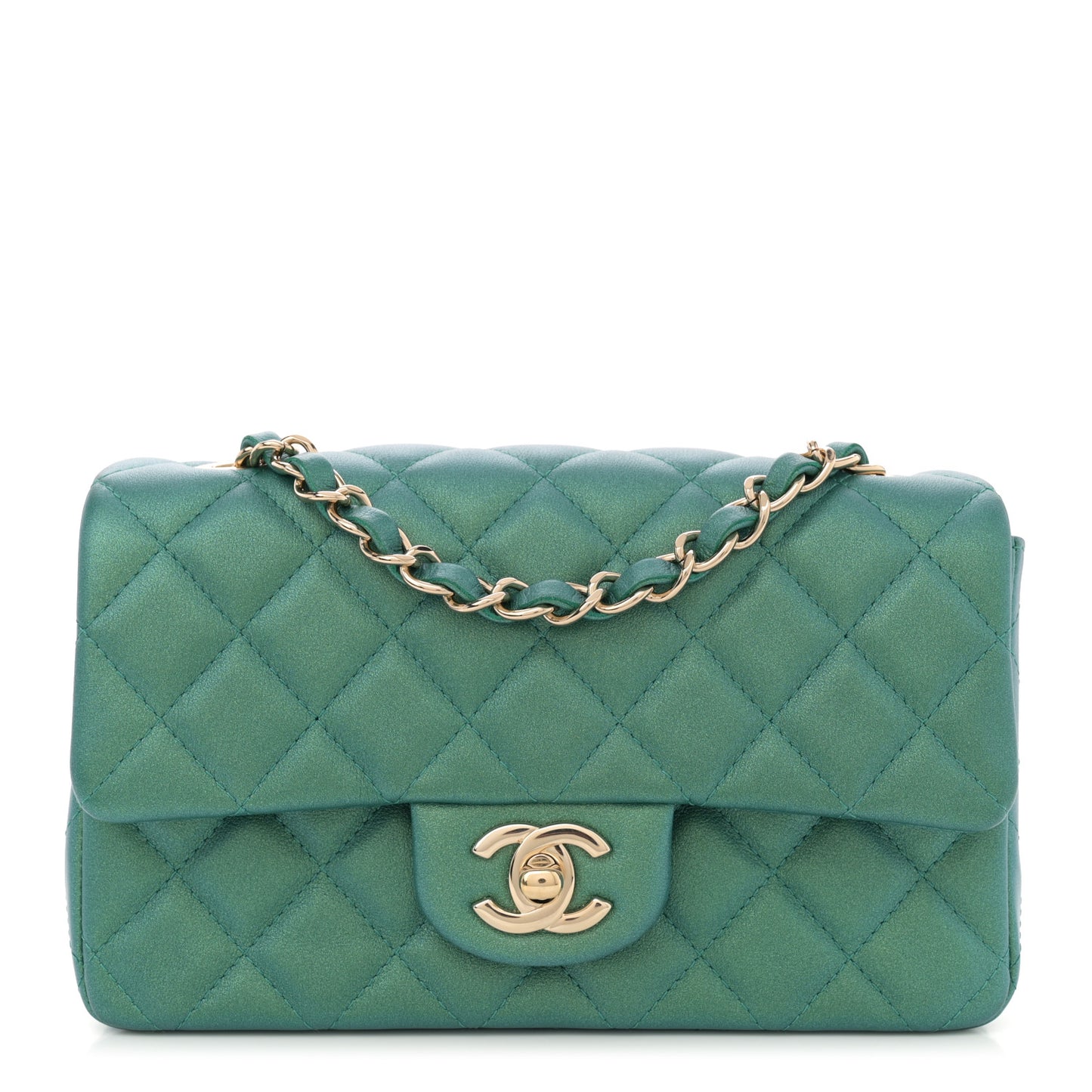 Iridescent Calfskin Quilted Mini Rectangular Flap Green