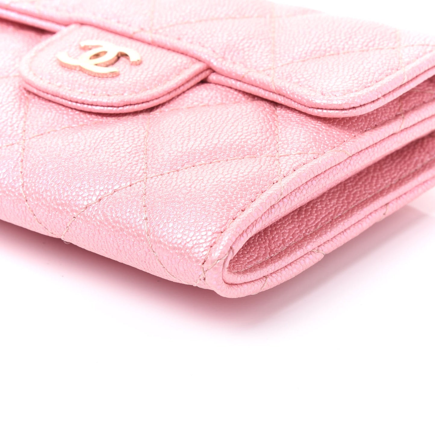 Iridescent Caviar Flap Quilted Card Holder Wallet Pink