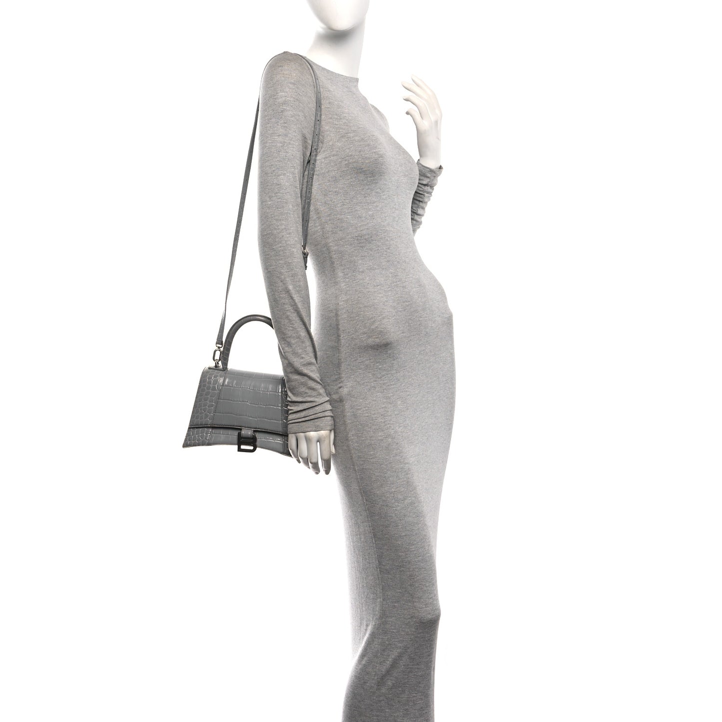 Shiny Calfskin Crocodile Embossed Small Hourglass Top Handle Bag Balenciaga Grey Balenciaga Grey