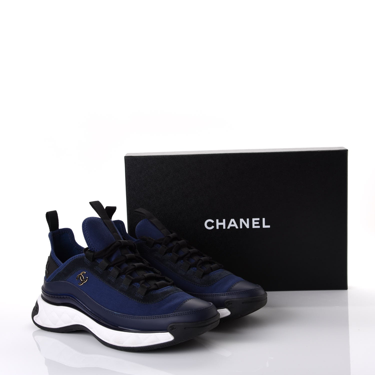 Chanel Fabric Calfskin Suede CC Sneakers 38.5 Navy Black 10 of 10