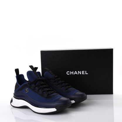 Chanel Fabric Calfskin Suede CC Sneakers 38.5 Navy Black 10 of 10