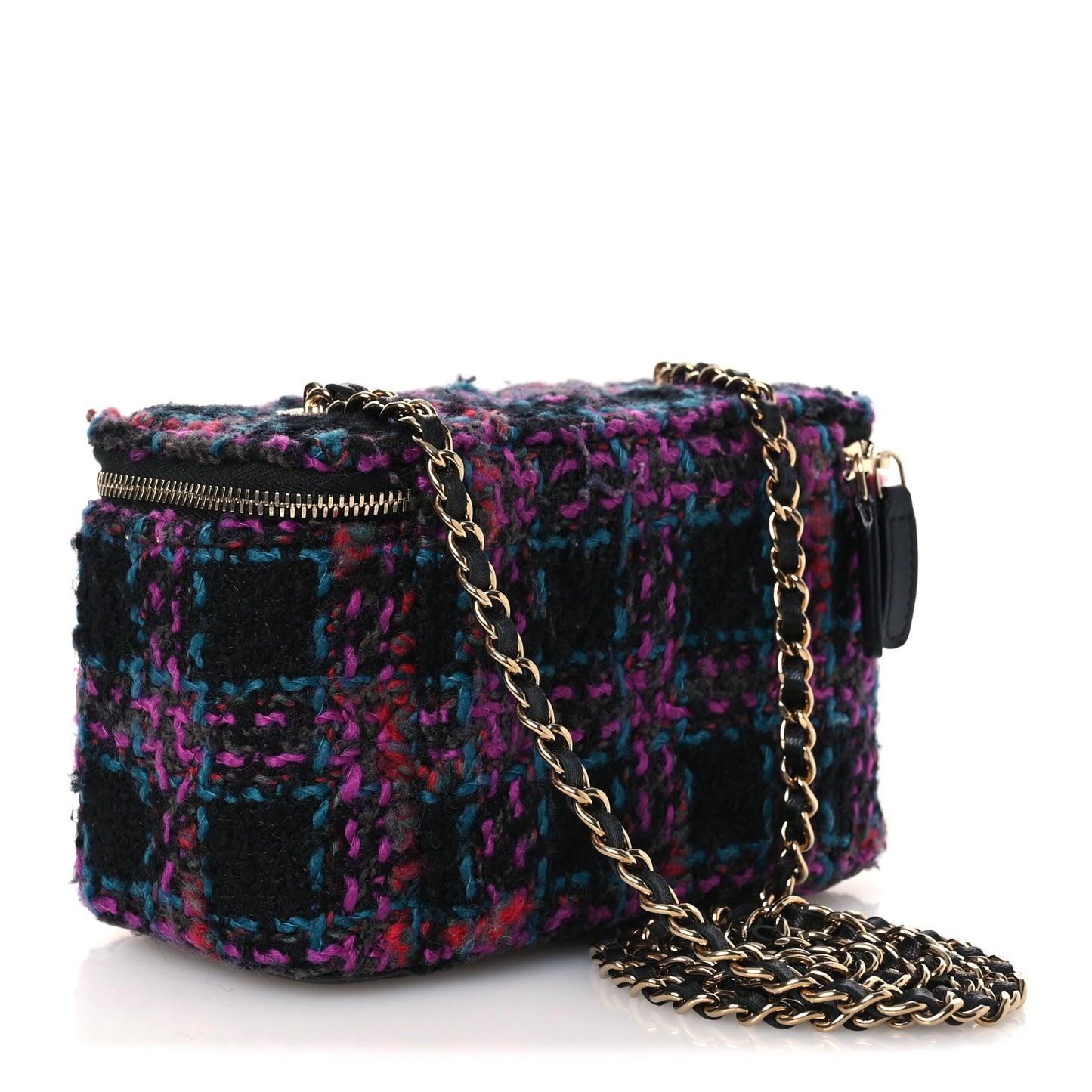 Tweed Quilted Small Vanity Case With Chain Black Purple Green Red