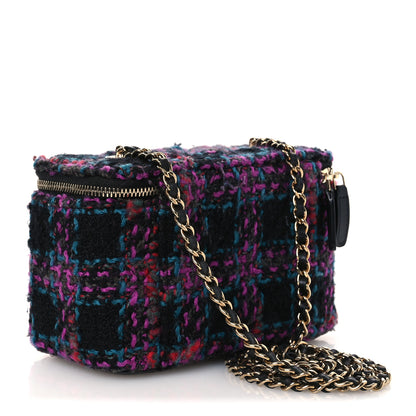Chanel Tweed Quilted Small Vanity Case With Chain Black Purple Green Red 2 of 12