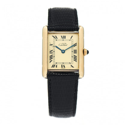 Cartier Sterling Silver Vermeil Lizard 20mm Must de Cartier Tank Quartz Watch Brown 1 of 4
