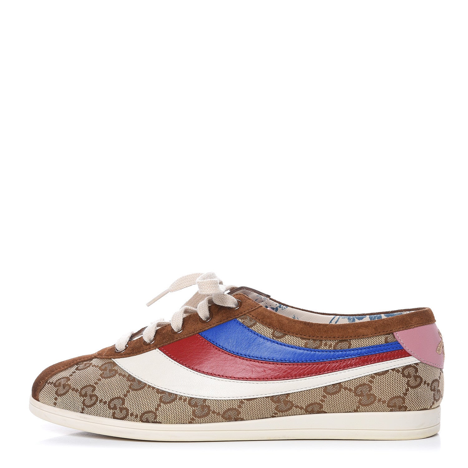 Gucci Suede Monogram Web Womens Falacer Sneakers 39.5 Nocciola Beige Mystic White Hibiscus Red 1 of 9