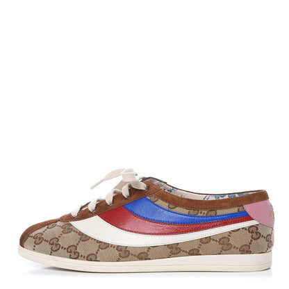 Gucci Suede Monogram Web Womens Falacer Sneakers 39.5 Nocciola Beige Mystic White Hibiscus Red 1 of 9