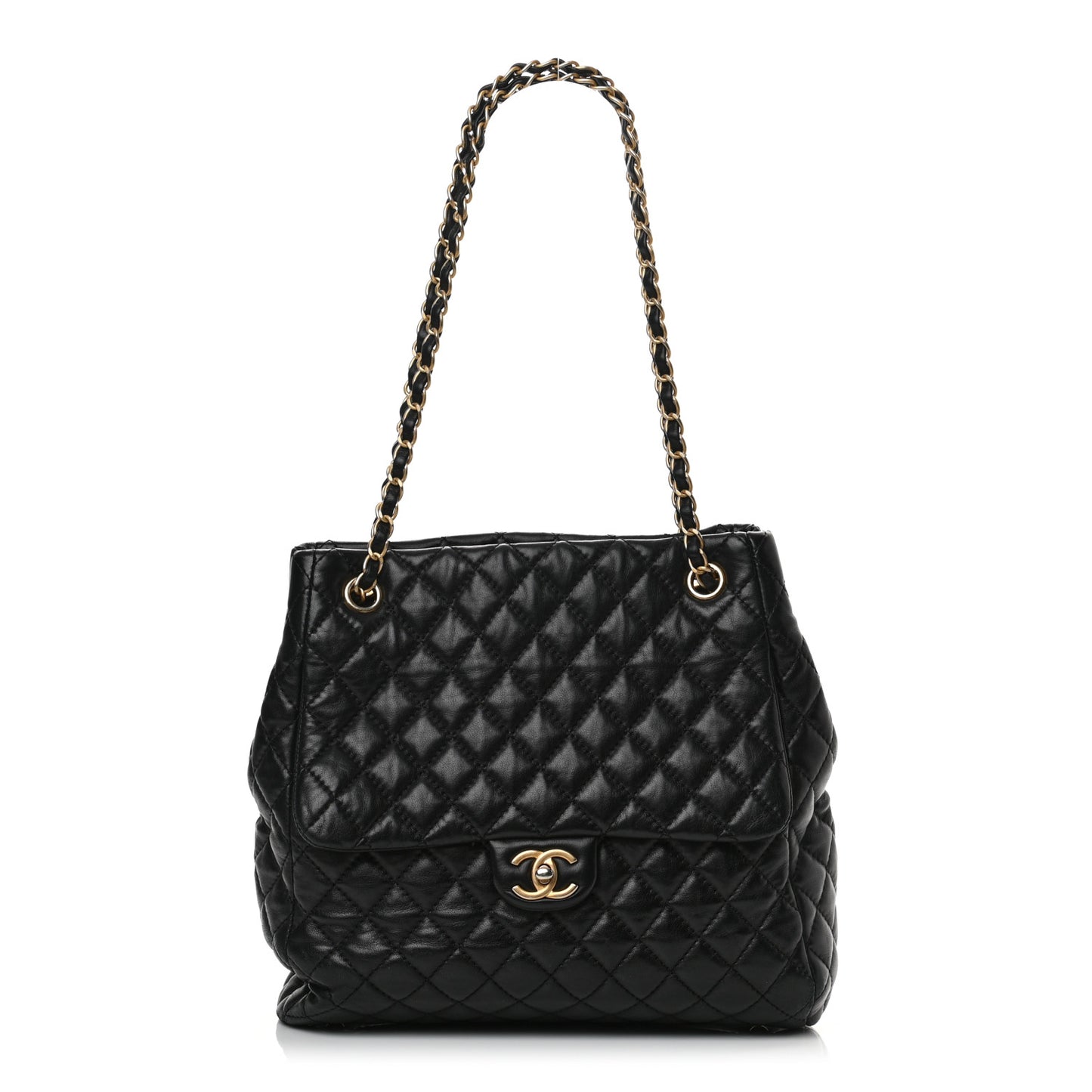 Lambskin Quilted Large Fluffy CC Shopping Tote Black