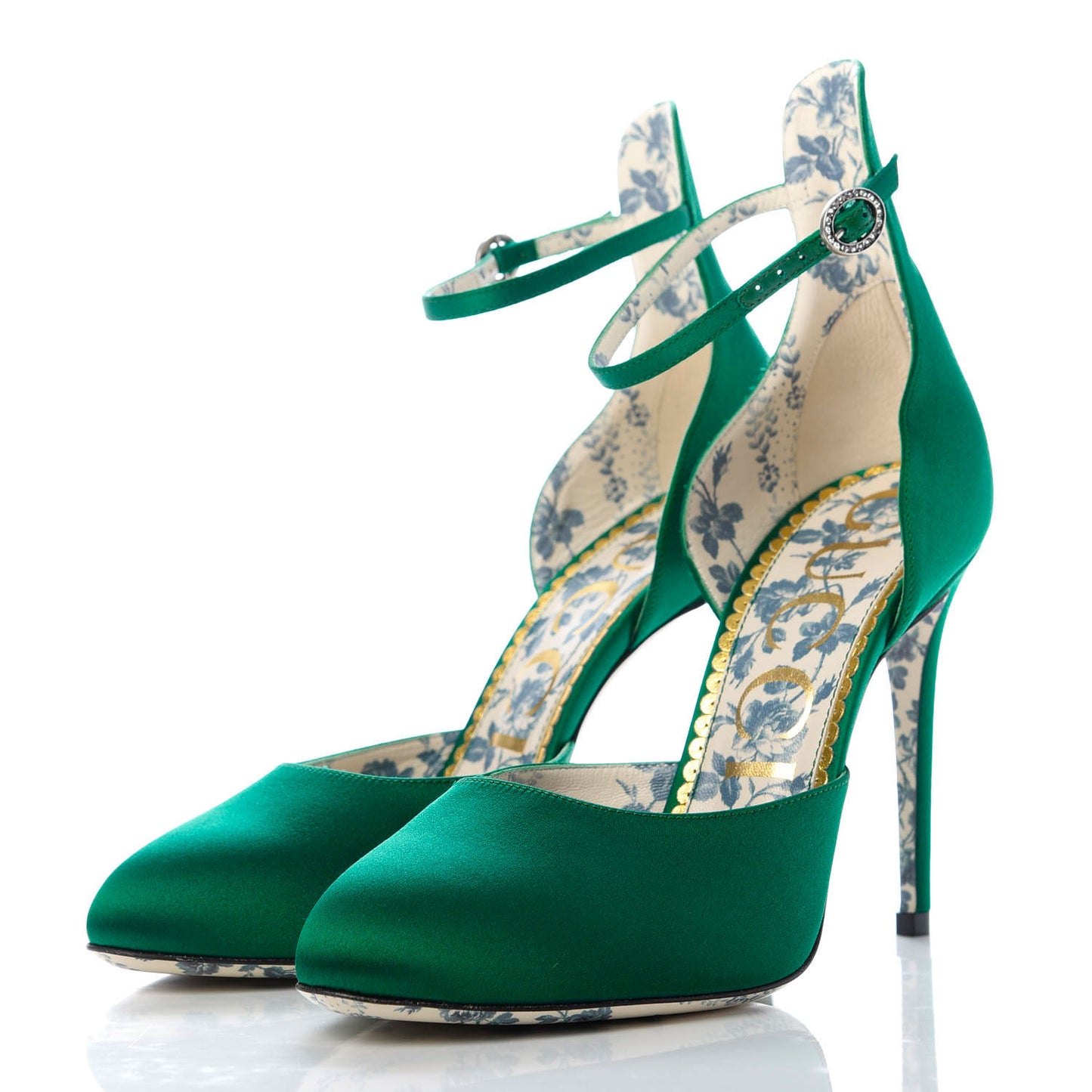 Satin Daisy Ankle Strap d'Orsay 105 Pumps 38 Emerald Green