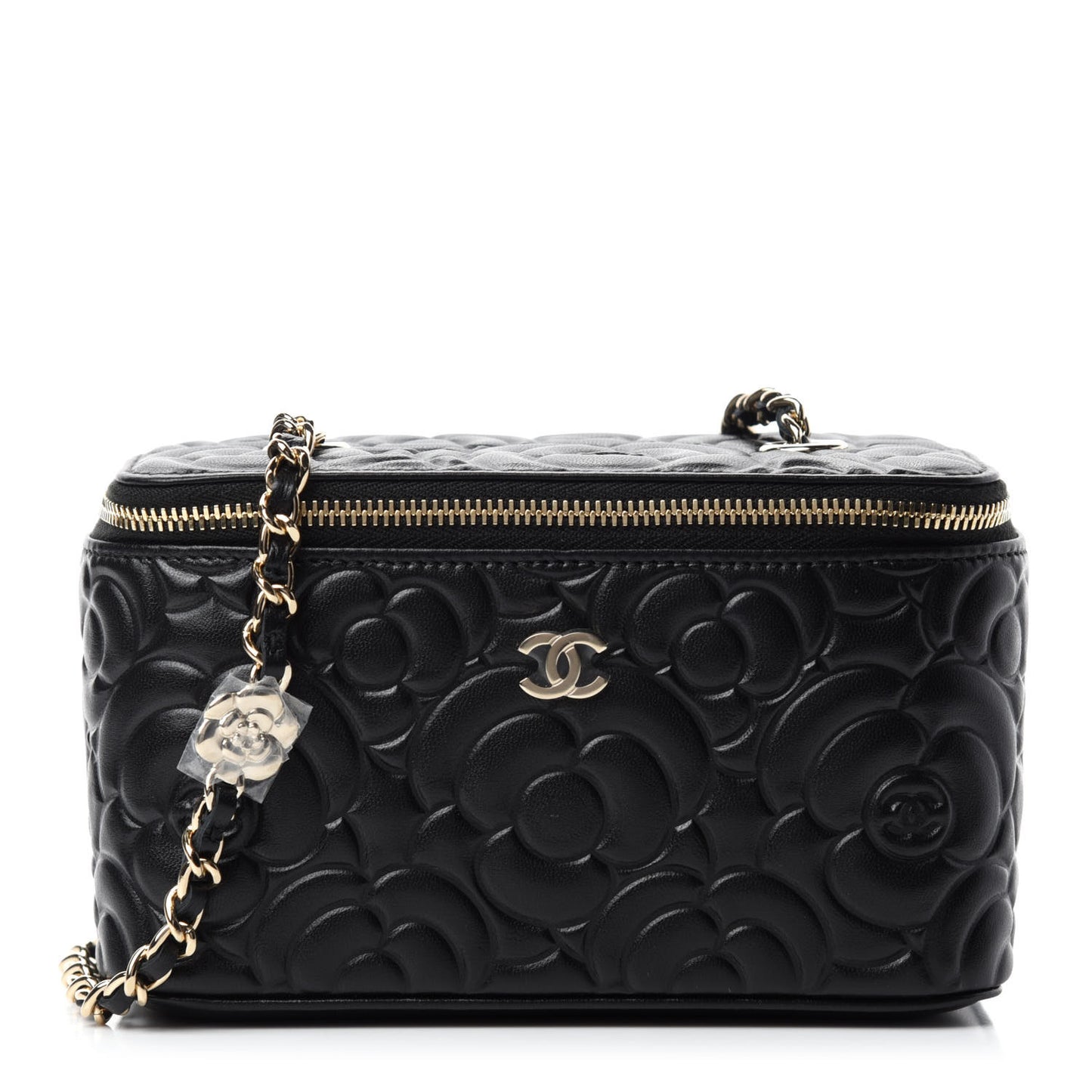 Lambskin Camellia Embossed Small Vanity Case With Chain Black