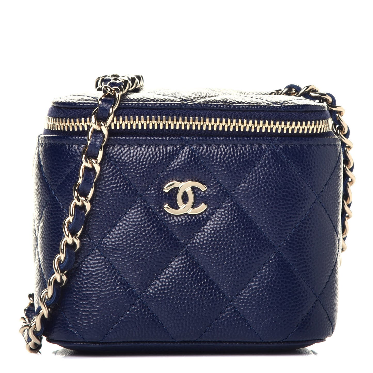 Caviar Quilted Mini Vanity Case With Chain Navy Blue