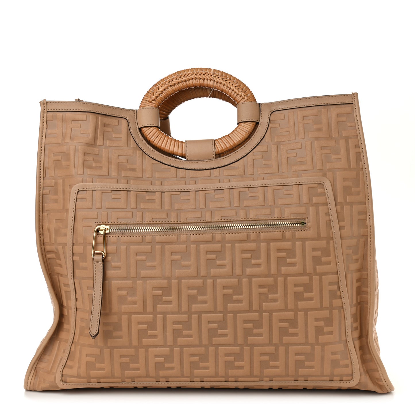 Vitello Cristallo Nature Wicker FF 1974 Embossed Large Runaway Shopper Tote Makeup