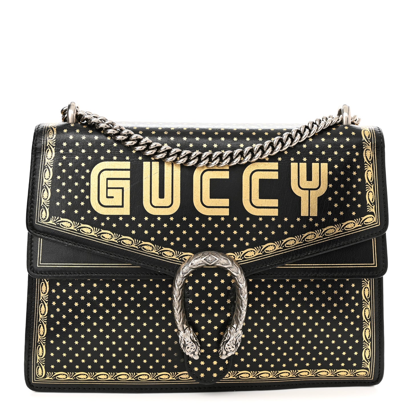 X SEGA Calfskin GUCCY Stars Medium Dionysus Shoulder Bag Black Gold