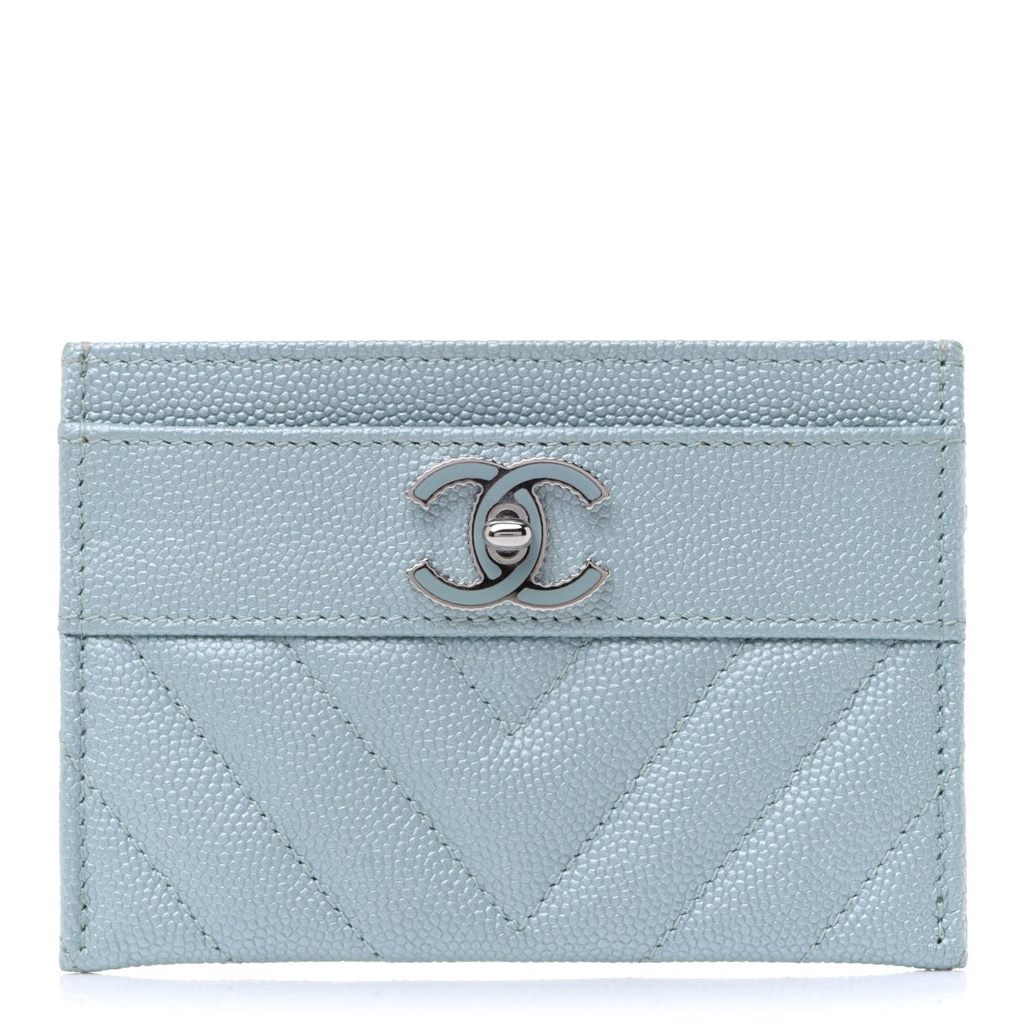 Metallic Caviar Chevron Quilted Vintage Mademoiselle Card Holder Light Blue