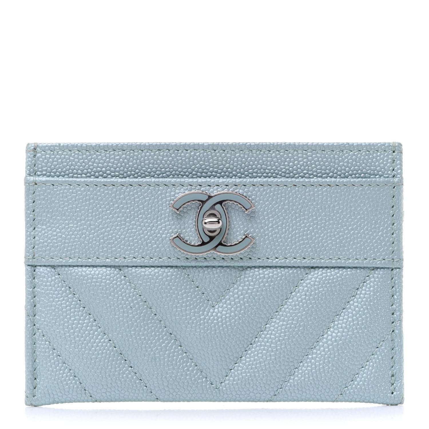 Chanel Metallic Caviar Chevron Quilted Vintage Mademoiselle Card Holder Light Blue 1 of 7