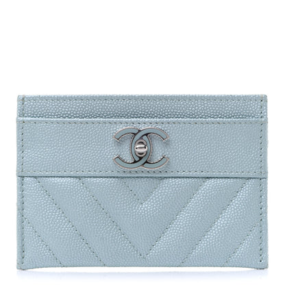 Chanel Metallic Caviar Chevron Quilted Vintage Mademoiselle Card Holder Light Blue 1 of 7
